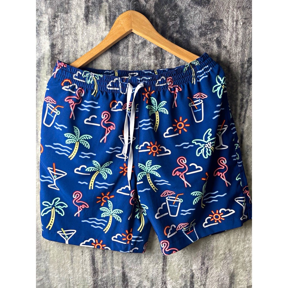 Chubbies Men's L Blue Tropical Flamingo Graphic Lined Drawstring Swim Shorts